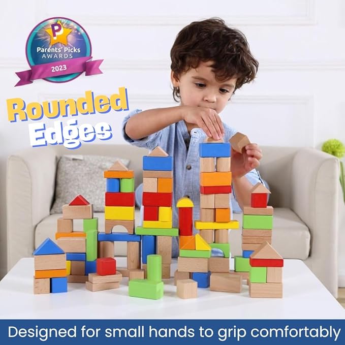 Pidoko Kids Wooden Blocks - 100 Pcs - Building Blocks for Toddlers - Includes Storage Container with Shape Sorter Top - Hardwood Plain & Colored Wood Blocks - Preschool Block Learning Toys