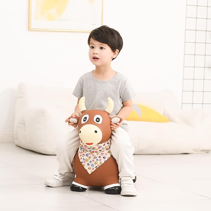 INPANY Bouncy Bull Farm Animal Hopping Toys for 1 2 Year Old Boy Gifts, Ride on Toddler Brown Cow Hopper 3 4