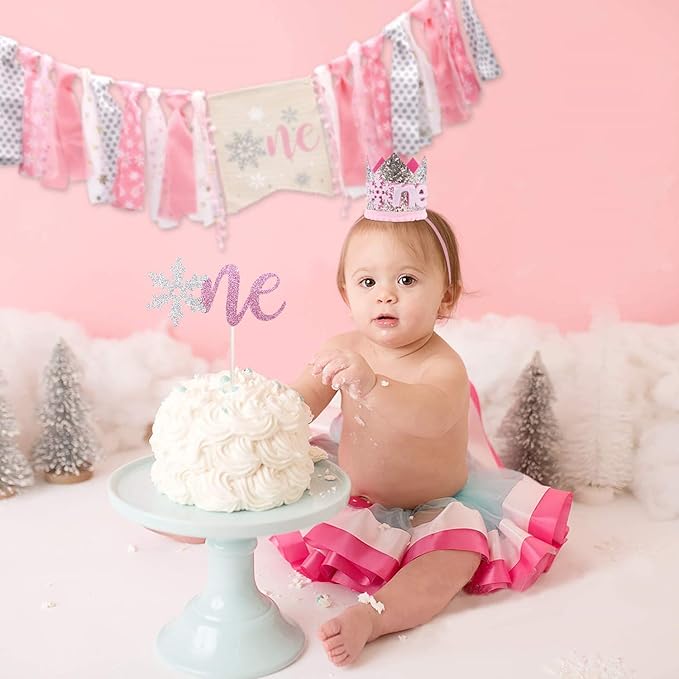 Winter Onederland Highchair Banner, Snowflake One Cake Topper Crown Hat
