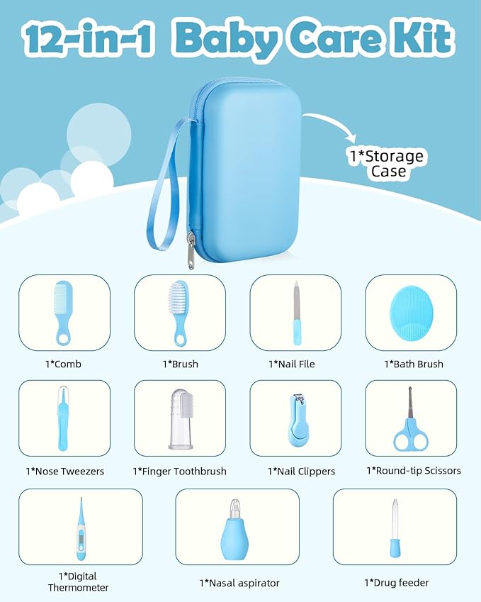 Baby Grooming and Health Kit, Lictin Nursery Care Kit, Newborn Safety Health Care Set with Hair Brush,Comb,Nail Clippers and More for Newborn Infant Toddlers Baby Boys,Baby Blue