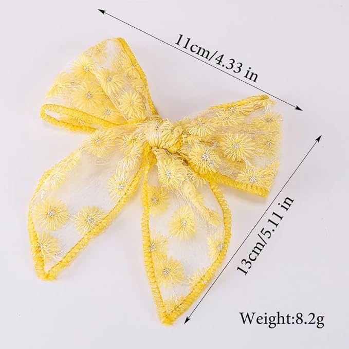 Fable Embroidered Hair Bow clips, Gauze Large Bows Alligator clips 8 PCS