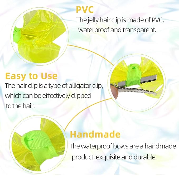 Waterproof Jelly Hair Bows, Multi-colored PVC Summer Swim Pool Bow Clips Transparent Hair Accessories for Girls Toddler Infants Kids Teens Children (Swim Pool Bows 4inch)