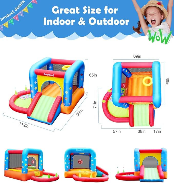 Step4Fun Inflatable Bounce House, Kids Castle Slide Bouncer for Children Jumping Outdoor and Indoor Party Gifts(112 x 98 x 65”)