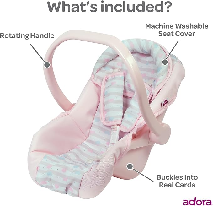 Adora Baby Doll Car Seat Carrier with Removable Seat Cover - Machine Washable, Fits Most Dolls & Plush Animals Up To 20” 2+ -
