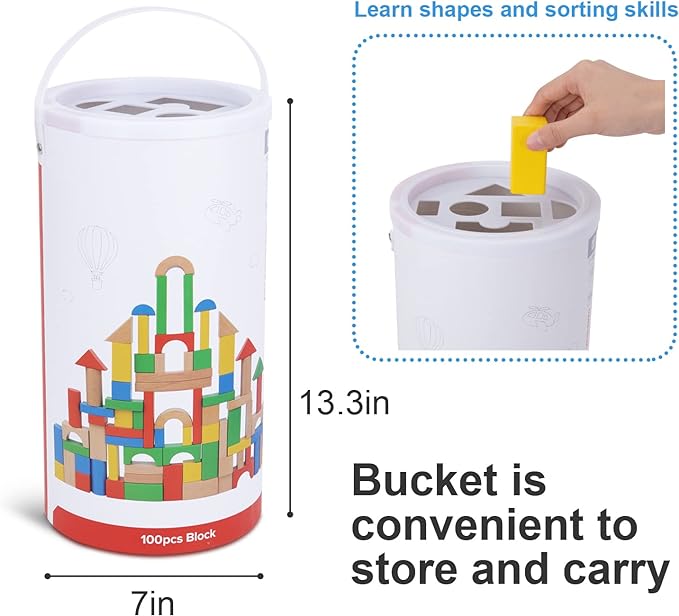 TOOKYLAND 100 Pieces Wooden Building Blocks, Shape Sorting Stacking Toy for Kids with Storage Bucket 1 2 3 Year
