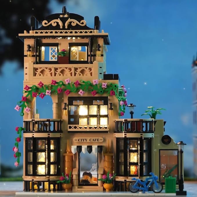 City Cafe Building Block Set, Coffee Shop City Street House Construction Toy for Adult & Teens 14+,1413pcs Mini Bricks with LED (Not Compatible with Lego)