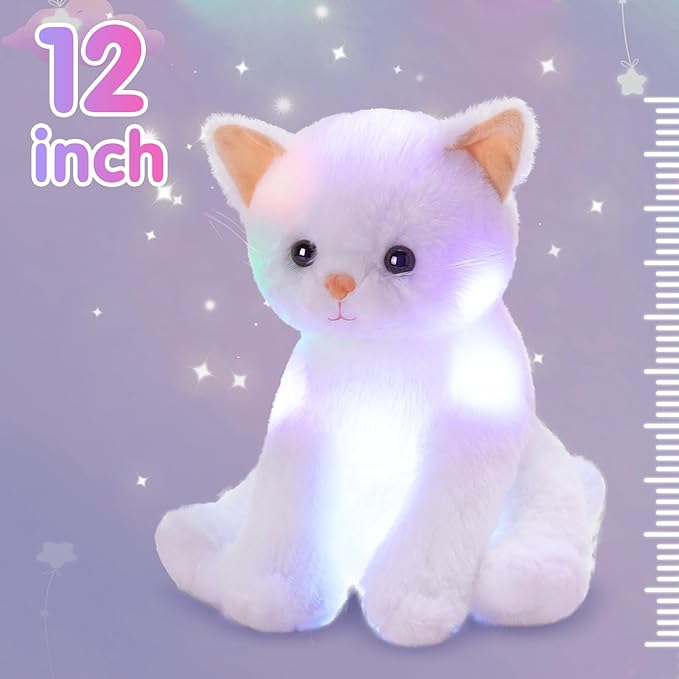 Houwsbaby Light up Cat Stuffed Animal LED Glowing Kitty Plush Toy Floppy Kitten Toy Night Lights Birthday Presents for Kids Toddler Girls, White 12''