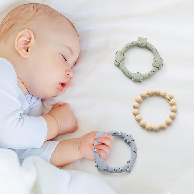 Baby Teether Rings Silicone Teethers for Babies Multi Use Baby 3 Pack-Blush