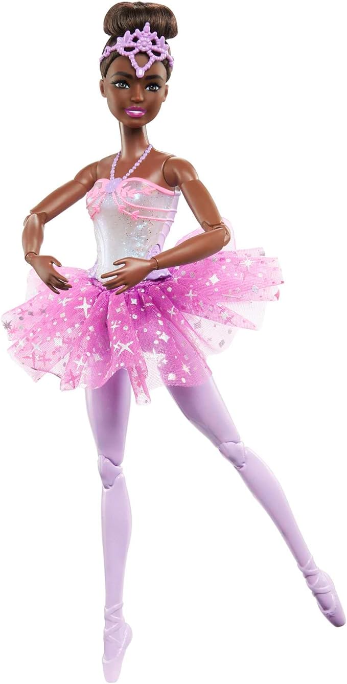 Barbie Dreamtopia Doll, Twinkle Lights Posable Ballerina with 5 Light-Up Shows, Sparkly Purple Tutu, Black Hair & Hair Accessory