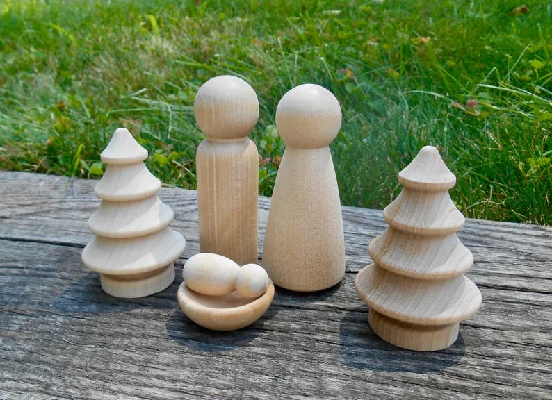 Nativity Wood Dolls, Baby Jesus and Manger, Mary, Joseph, 2 Blank Sheep, 3 Wisemen, 2 Miniature Trees, DIY Peg Dolls, Unfinished Pegs