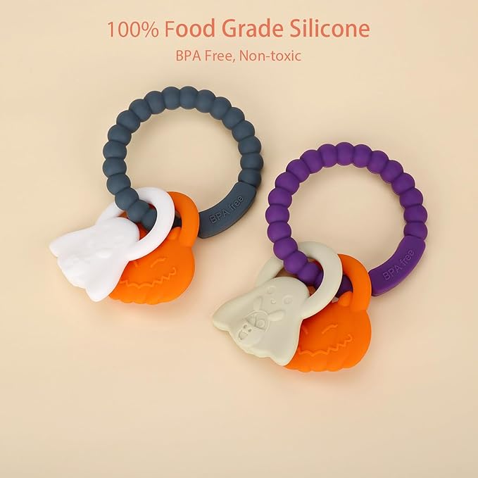 Silicone Teething Ring Toy, Halloween Baby Teether Toys with Rattles Pumpkin and Ghost 3-6-12 Months