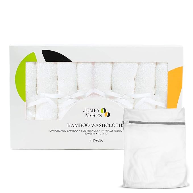 Jumpy Moo's Baby Washcloths - 100% Rayon from Bamboo, Ultra Thick 10x10 inches