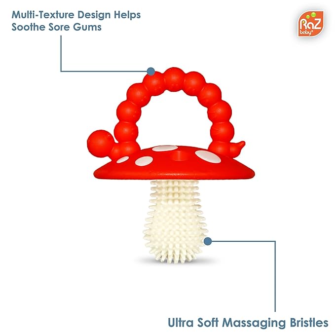 RaZbaby Chompy Teether for Infant & Baby 3M+ Teether Toy with Massaging Bristles for Teething Relief Pacifier - Soothes Sore Gums