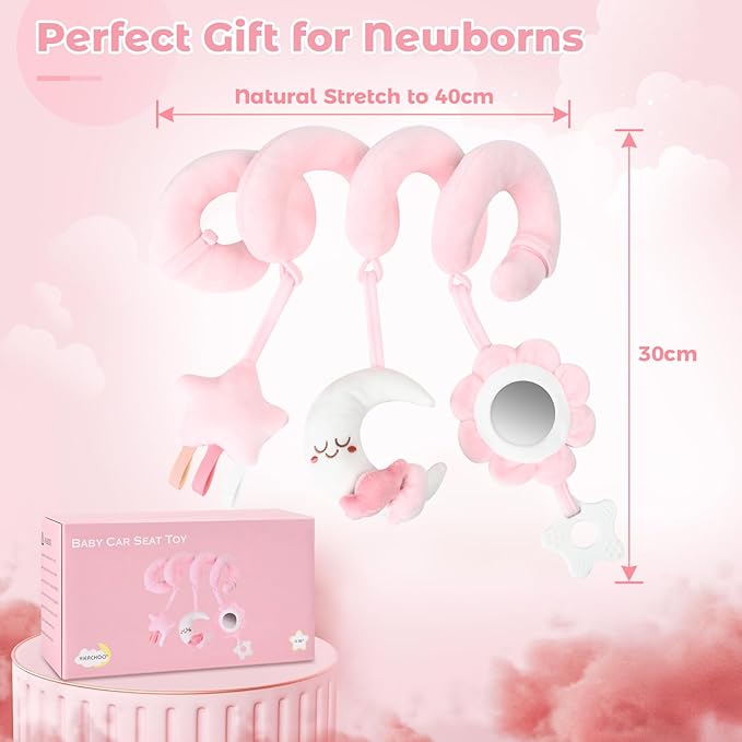 Spiral Car Seat & Stroller Activity Toy, Crib Hanging Rattles Toys for Ages 0-12 Months, Mirror, Textured Ribbons, Squeaky Carseat Stroller Toys, Newborn Baby Girl Gifts