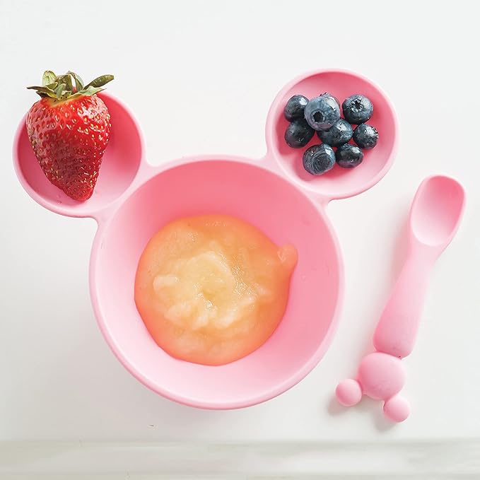 Bumkins Baby Bowls, Disney Minnie Mouse Silicone Baby Feeding Set, Suction Bowls for Baby and Toddler with Spoon, First Feeding Set, Platinum Silicone Bowl for Babies 4 Months