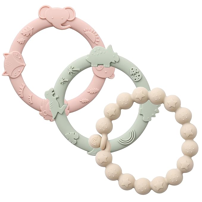 Baby Teether Rings Silicone Teethers for Babies Multi Use Baby 3 Pack-Blush