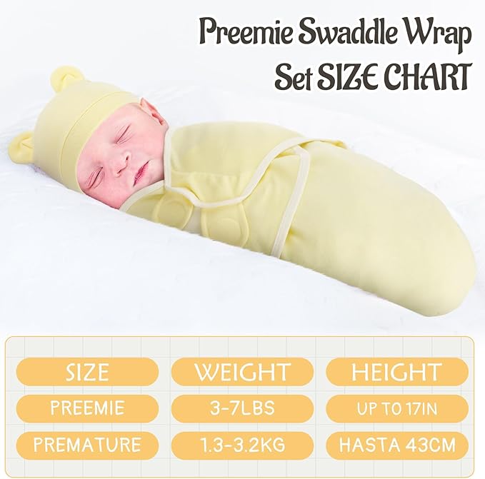 Buryeah 4 Pack Preemie Swaddle Blanket Wrap Set with Hat for Baby Boys Girls 3-7 Lbs Preemie Newborn Clothes Sleepers Cap