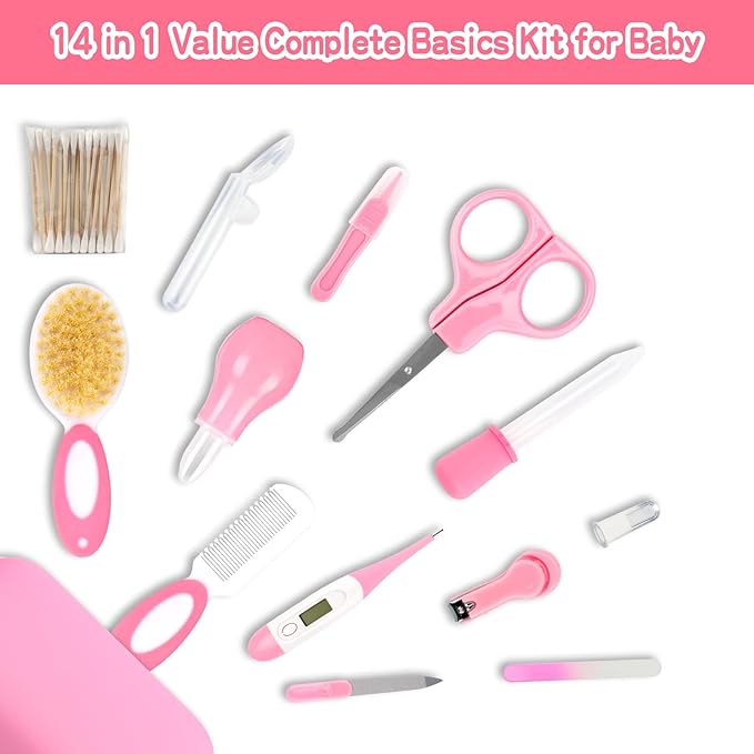 Baby Grooming Kit,Infant Safety Care Setwith Hair Brush Comb Nail Clipper Nasal Aspirator, Baby Essentials Kit for Newborn Girls Boys (14 PC-Pink Kit)