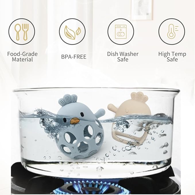 Baby Sensory 4-Piece Teething Toy Set: Hollow Chicken Teether, Mittens 6-Months (Blue/Beige)
