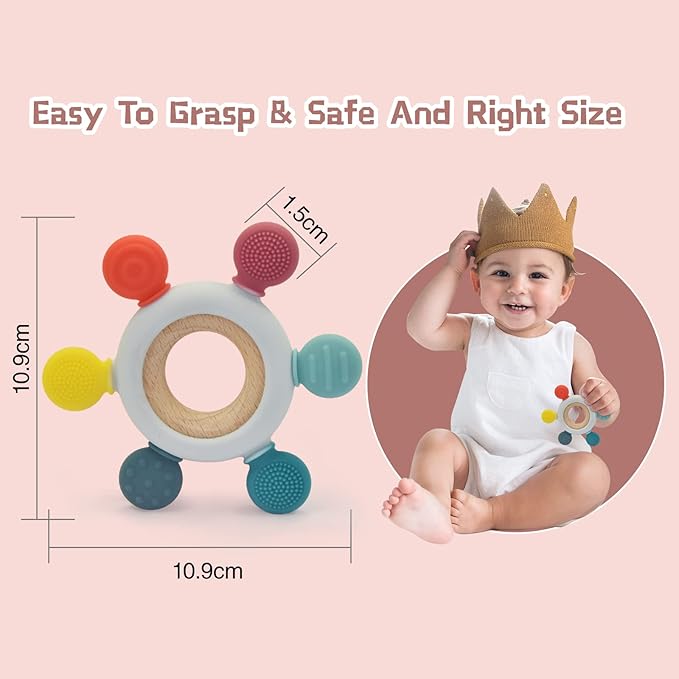 Baby Teething Toys-Silicone Boat Rudder Baby Teether Toys,Removable Wooden Ring 0-24 Months’╝?