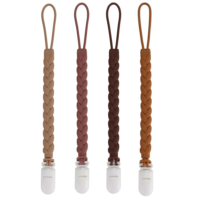 Stylish Silicone Pacifier Clips 4-Pack for Baby Boys and Girls, Woven Rope Flexible Design