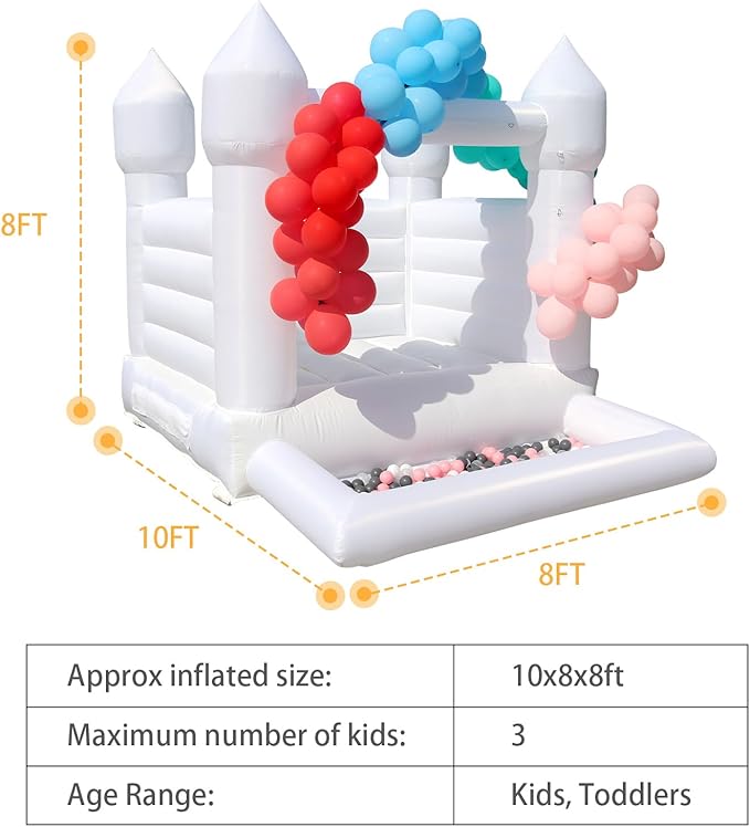 King Inflatable White Bounce House Castle with Ball Pit&Air Blower, White Jumper Bouncy Castle Wedding Decorations Jumping Bed for Party 8' x 10' x 8'