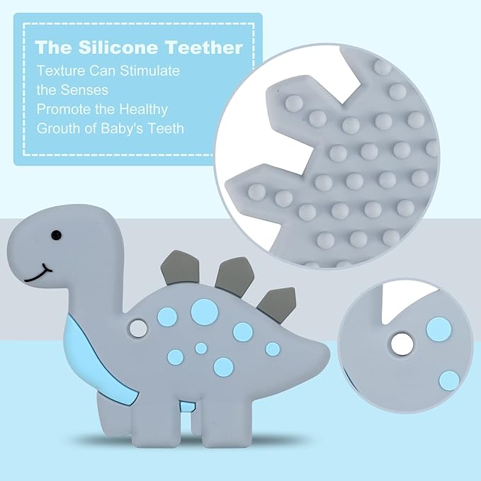 Baby Teething Toys for Babies 3-6 6-12 Months, Dinosaur Teether Pain Relief Toy with One Piece Design Pacifier Clip Holder Set