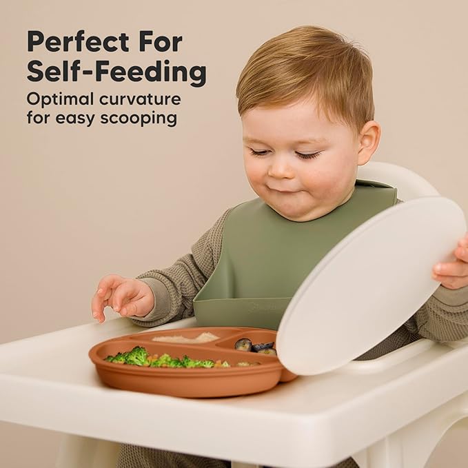 KeaBabies Suction Plates with Lids for Baby - 3-Pack 100% Silicone Suction Plates for Baby, Kids,Toddler Plates,Divided Baby Plates with Suction,Lids, BPA-Free, Microwave, Dishwasher Safe (Terracotta)