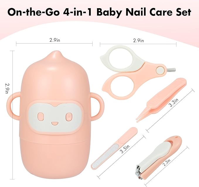 Baby Nail Kits, 4-in-1 Newborn Nail Clippers with Cute Monkey Shape Case. Baby Nail Clipper, Scissor, Nail File & Tweezer for Unisex Newborn Infant Toddler Kids