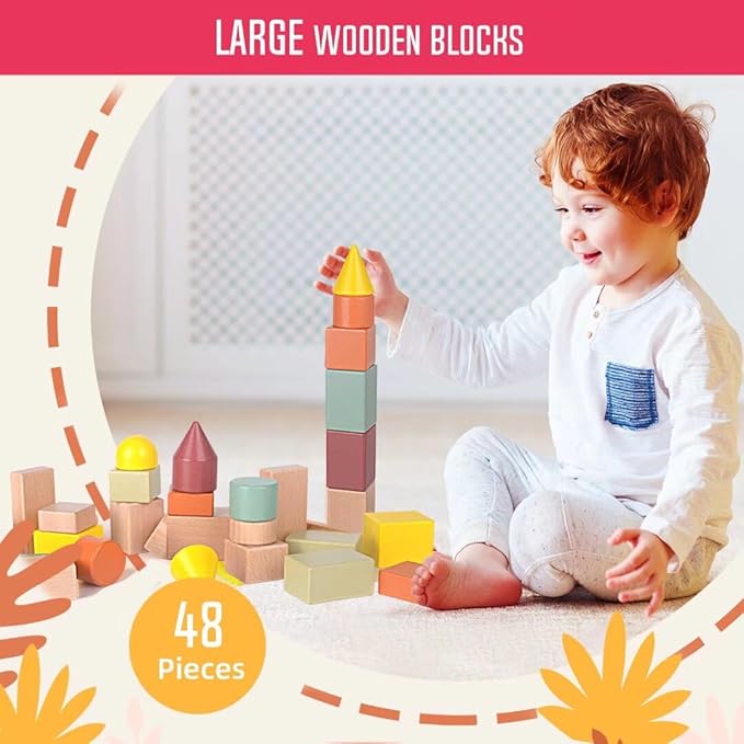 Migargle Large Wooden Building Blocks for Toddlers - Educational Preschool (48Pcs)