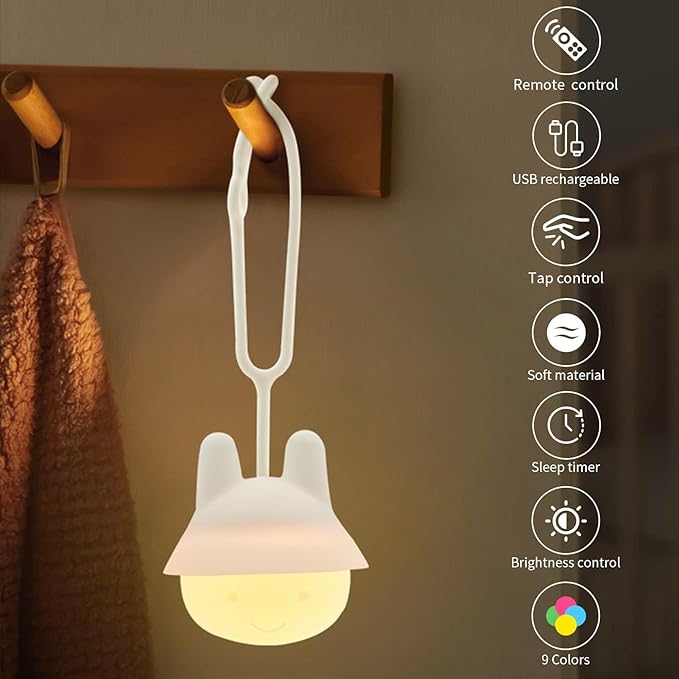 Night Light for Baby Car Seat - Dimming Function 9 Colors Changing Eye Caring Portable Rechargeable & Timing Bedside Light Up Toddler Bed Room Travel Essentials Gift for New Mom Soft Silicone BPA Free