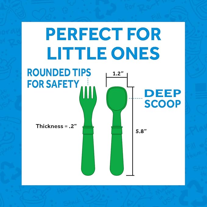 Re-Play Made in USA Toddler Forks and Spoons, Pack of 8 With Carrying Case - 4 Kids Forks with Rounded Tips and 4 Deep Scoop Toddler Spoons - 0.2" Thick Toddler Utensils with Case, Sparkle