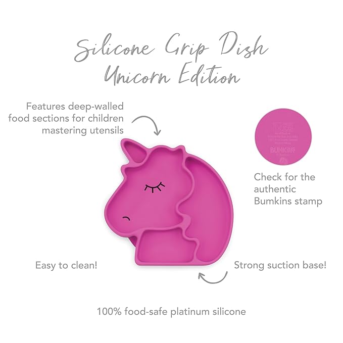 Bumkins Toddler and Baby Suction Plate, Silicone Divided Grip Dish, Babies and Kids, Baby Led Weaning, Children Feeding Supplies, Non Skid Sticky Bottom, Platinum Silicone, Ages 6 Months Up, Unicorn