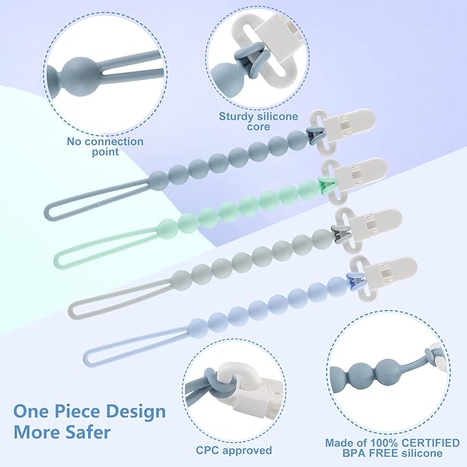 4-Pack Silicone Pacifier Clips with One-Piece Beads for Baby Boys