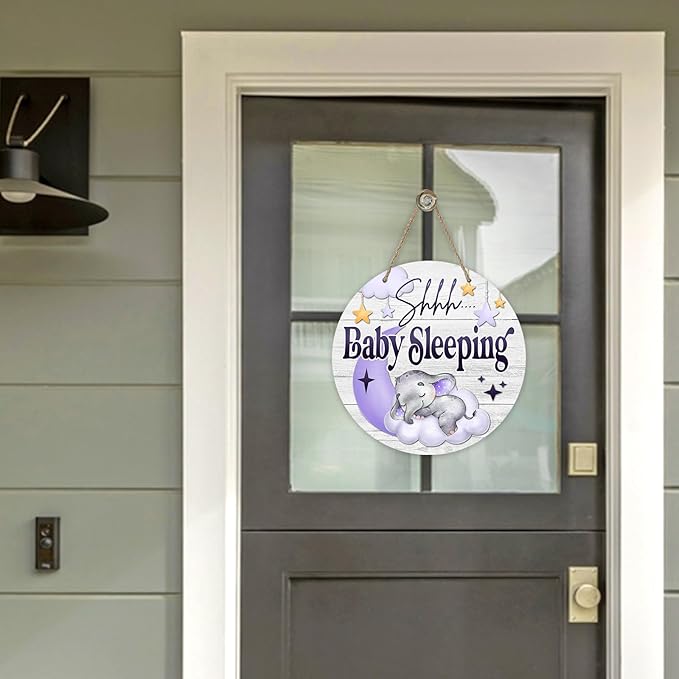 Deroro Shhh Baby Sleeping Front Door Sign, Elephant Purple Moon Cloud Stars Wood Door Hanger Outdoor Porch Nursery Decor