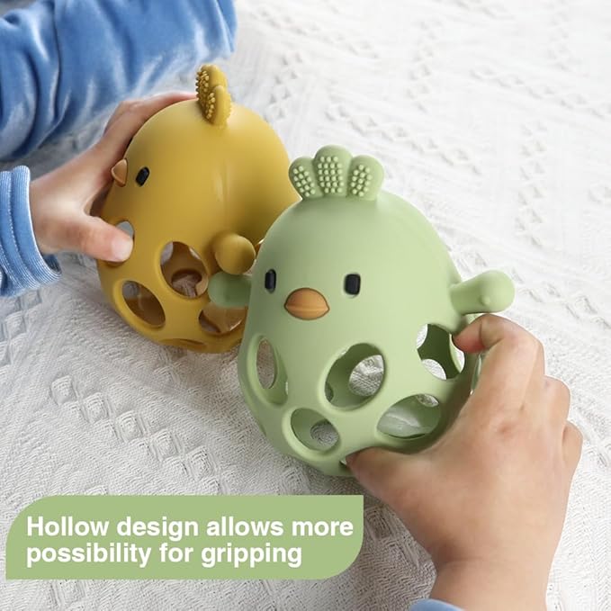 Baby Sensory 4-Piece Teething Toy Set: Hollow Chicken Teether, Mittens 6-Months (Blue/Beige)