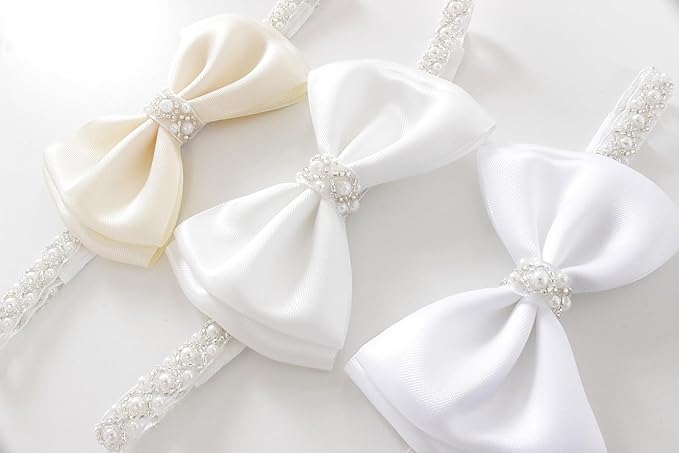 0-12 Newborn Baby Baptism Pearl Headband with Bow in WHITE Christening Headband with Satin Bow, Pearl Rhinestone Band (Peach(6-12Months) 6-12Months)