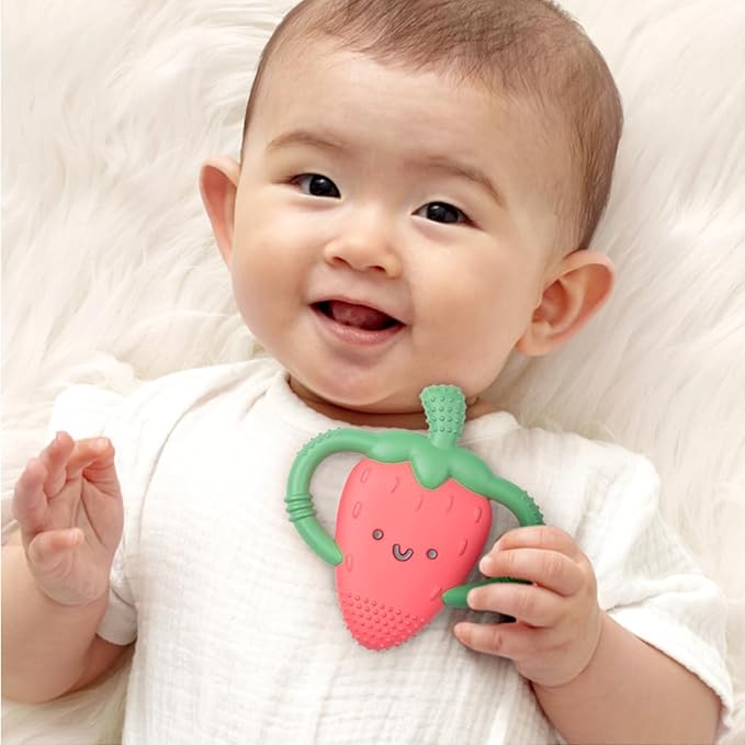 Itzy Ritzy Strawberry-Shaped Baby Teether with Handles; Silicone Teether 3 Months