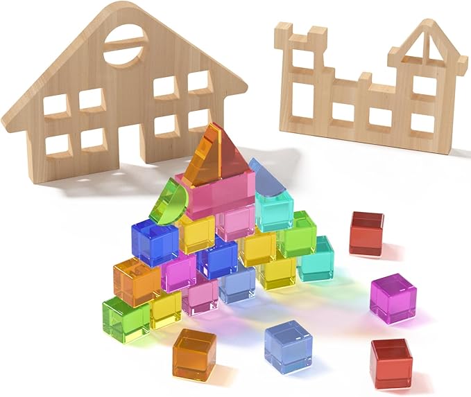 BESFAN Building Blocks Set, Acrylic Rainbow Gem Cubes Stacking Toy with 2 Wooden Castle 3+ Year