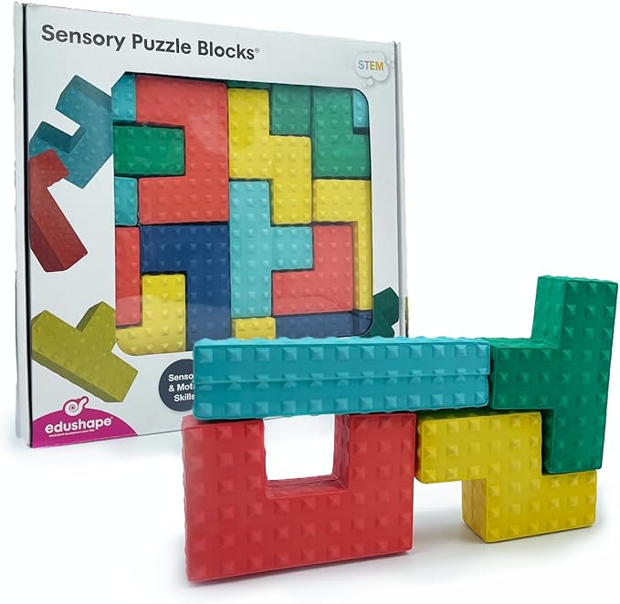 Edushape Sensory Puzzle Blocks - Set of 18 Colorful Textured Interlocking Construction Stacking Blocks 1-3