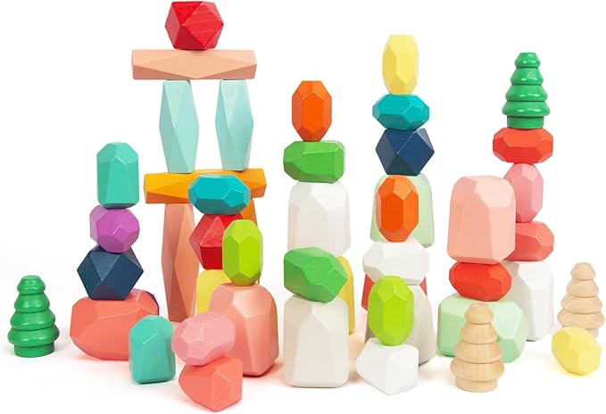48 PCS Wooden Sorting Stacking Rocks Stones,Sensory Toddler Toys Learning Montessori STEM Toys 3-6 Years