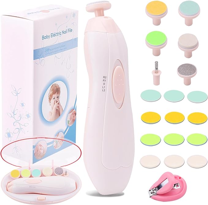 Baby Nail Trimmer Electric Nail File Baby Nail Clippers, 20 in 1 Safe Nail Filer Grinder Kit for Newborn Infant Toddler Kids or Adults Toes Fingernails Care Trim Polish, Led Light and Grinding Heads