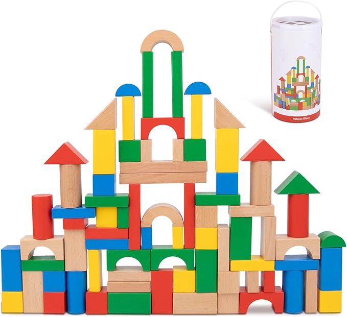 TOOKYLAND 100 Pieces Wooden Building Blocks, Shape Sorting Stacking Toy for Kids with Storage Bucket 1 2 3 Year
