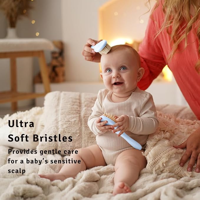Baby Hair Brush with Soft Goat Bristles - Wooden Cradle Cap Brush for Newborns, Infants, Toddlers, and Kids - Gentle Scalp Grooming and Styling for Baby Girls and Boys (Sky)