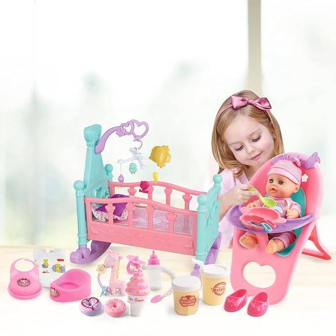 deAO 12” Baby Doll Play Set with Crib, Mobile 21 PCS