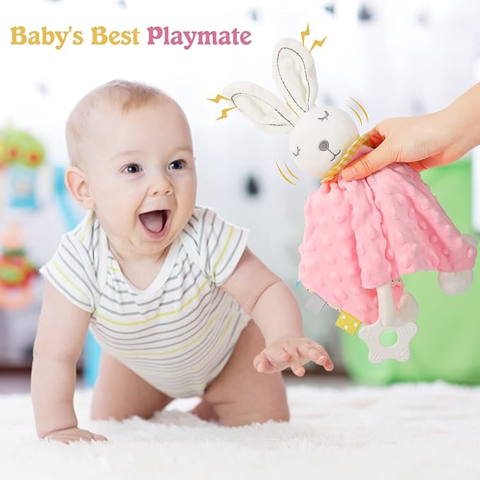 Zooawa Loveys for Babies, Security Blanket Soft Stuffed Animal Bunny Lovey Unisex Lovie Baby Stuff Snuggle Blanket with Tags Teether Bells