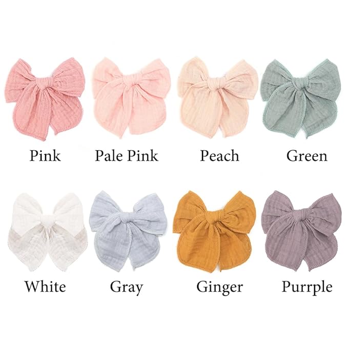 Cotton Muslin 4.5Inch Hair Bow Clips 8Pcs Set, Big Bow Alligator clips
