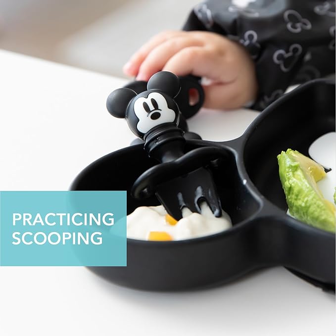 Bumkins Disney Baby Utensils Set, Chewtensils Silicone Spoons for Dipping, Self-Feeding, Baby Led Weaning, Trainer Learning, First Stage Eating, Soft Fork and Spoon, Babies 6 Months, Mickey Mouse