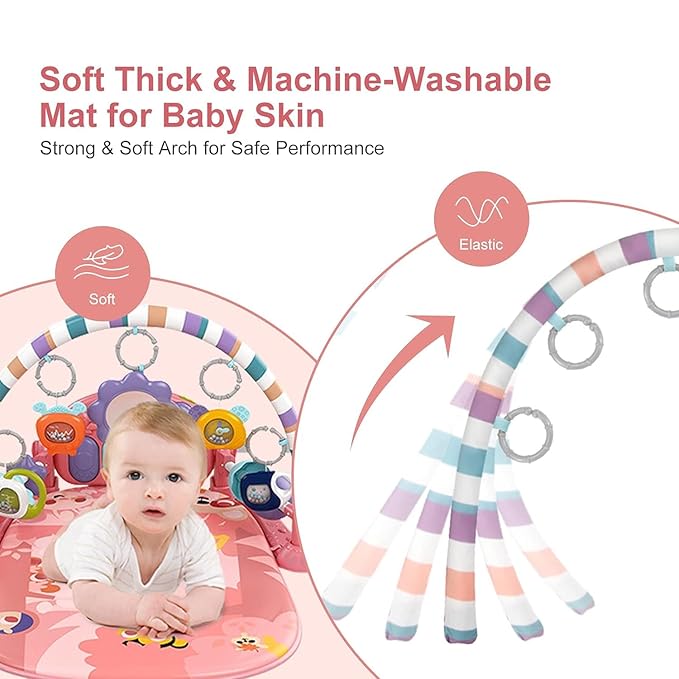 dearlomum Baby Play Mat Baby Gym,Funny Play Piano Tummy Time Baby Activity Mat with 5 Infant Sensory Baby Toys & 2 Guitar Rattles 0 to 3 6 9 12