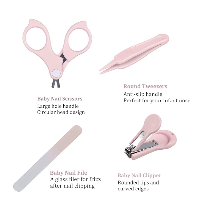 Baby Nail Kit, Baby Manicure Kit and Pedicure with Cute Owl Shape Case. Baby Nail Clipper, Scissor, Nail File & Tweezer for Newborn, Infant & Toddler, Mothers Day(Pink)